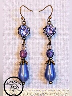 Victorian Purple Flower Crystals & Glass In Long Tiered Ornate Brass Earrings